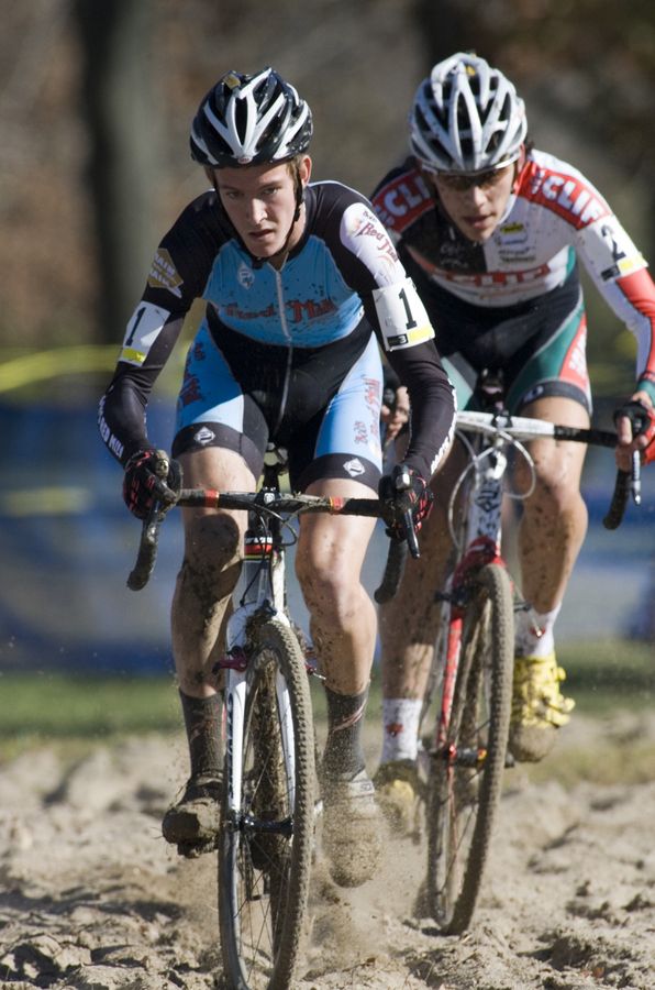 UCI Junior\'s race riders Andrew Dillman, #1 (Bob\'s Red Mill) and Curtis White, #2  (Clff Bar Junior Development Team) surf the sand pit. © Greg Sailor - VeloArts.com