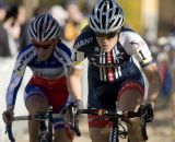 Katie Compton, #1,(Rabobank) is followed through the sand pit by Carolin Mani, #2, (SRAM) in the Women's Elite race. © Greg Sailor - VeloArts.com