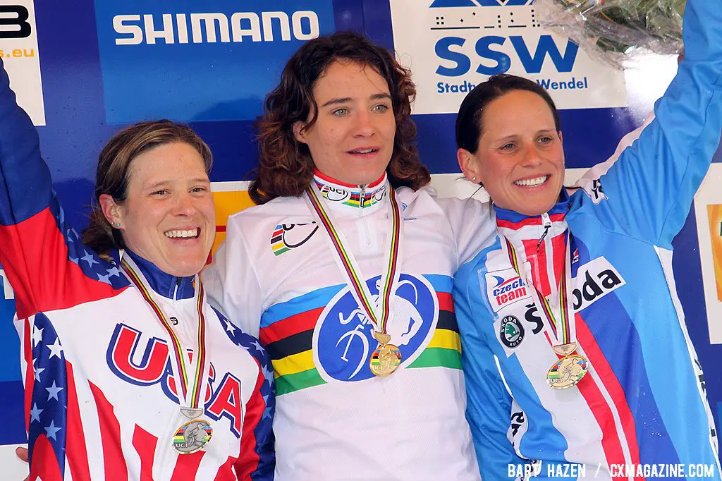 The women\'s podium with winner Marianne Vos, second Katie Compton and third Katerina Nash