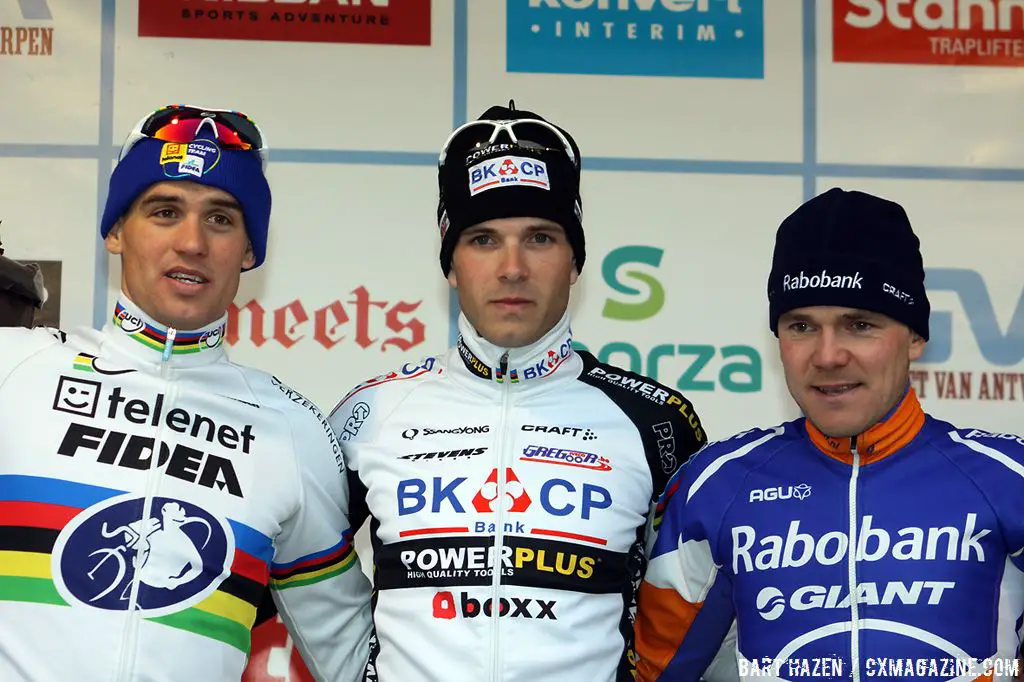 The men\'s race podium: winner Niels Albert, second Zdenek Stybar and third Bart Aernouts.