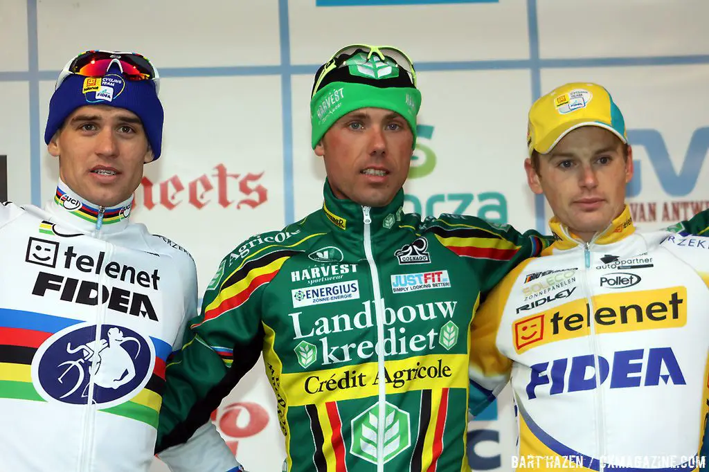 The final podium of the GVA series with winner Sven Nys, second Zdenek Stybar and third Kevin Pauwels.