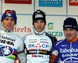 The men's race podium: winner Niels Albert, second Zdenek Stybar and third Bart Aernouts.