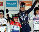 The women's podium in Oostmalle: Daphny van den Brand, Sanne Cant, Helen Wyman and a special fan of Daphny.