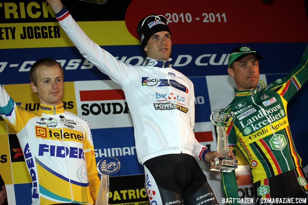 Honoring of the final ranking of the UCI World Cup; winner Niels Albert, second Kevin Pauwels and third Sven Nys.