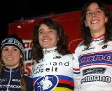 The women's podium at the Cyclo Cross Masters; winner Marianne Vos, second Daphny van den Brand and third Helen Wyman.