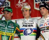 The men's podium at the Cyclo Cross Masters in Hasselt; winner Zdenek Stybar, second Sven Nys and third Niels Albert.