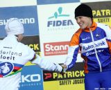 Katie Compton congratulates new teammate Marianne Vos on the win © Bart Hazen