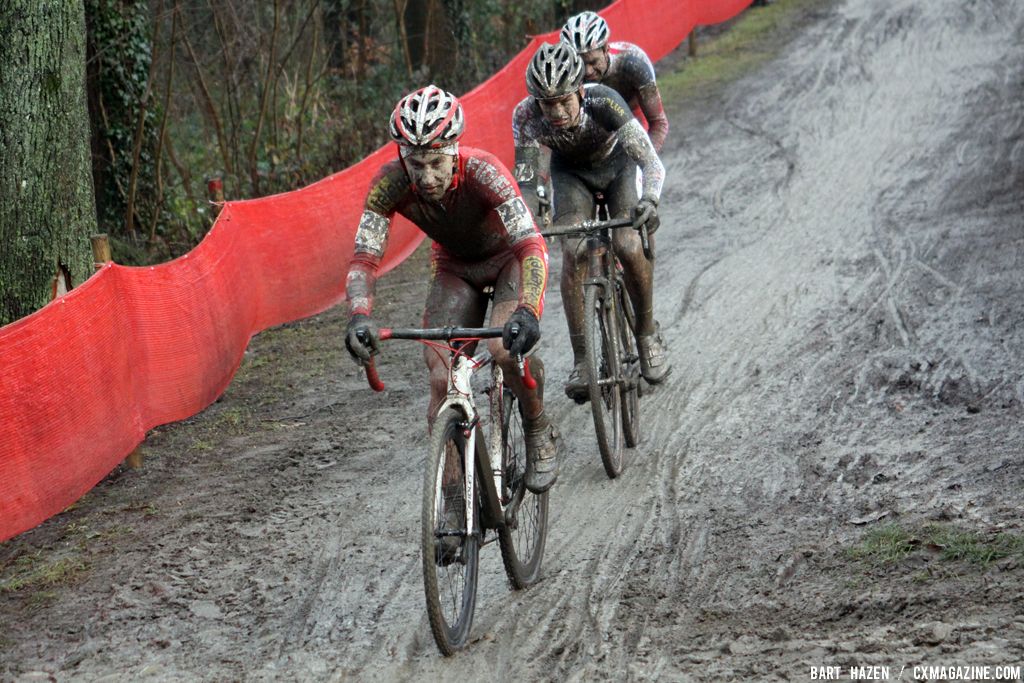 Arnaud Grand leads the chasing group for second followed by David van der Poel and Sven Beelen © Bart Hazen