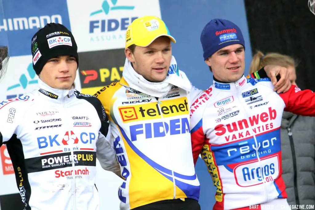 The U23 podium (no World Cup) with from L. to R. David van der Poel, winner Arnaud Jouffroy and Sven Beelen. © Bart Hazen