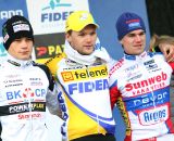 The U23 podium (no World Cup) with from L. to R. David van der Poel, winner Arnaud Jouffroy and Sven Beelen. © Bart Hazen