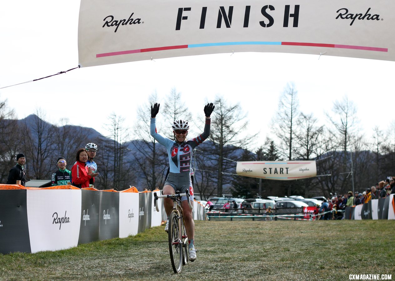 Brubaker celebrates her third. 2011 Nobeyama, Japan UCI Cyclocross Race. © Cyclocross Magazine