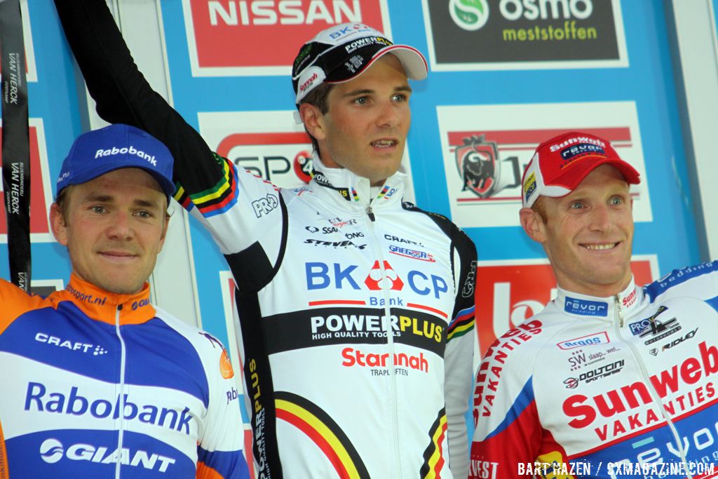 The Elite podium with Niels Albert, Bart Aernouts and Klaas Vantornout. © Bart Hazen