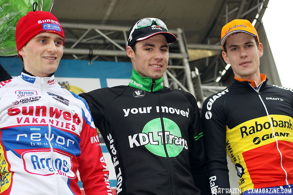 The U23 podium at the Superprestige in Hoogstraten: Vincent Baestaens, Jim Aernouts and Joeri Adams