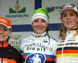 The women's podium with Marianne Vos, Sanne van Paassen and Hanka Kupfernagel.