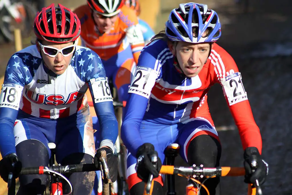 Helen Wyman leads Meredith Miller through the course. © Bart Hazen