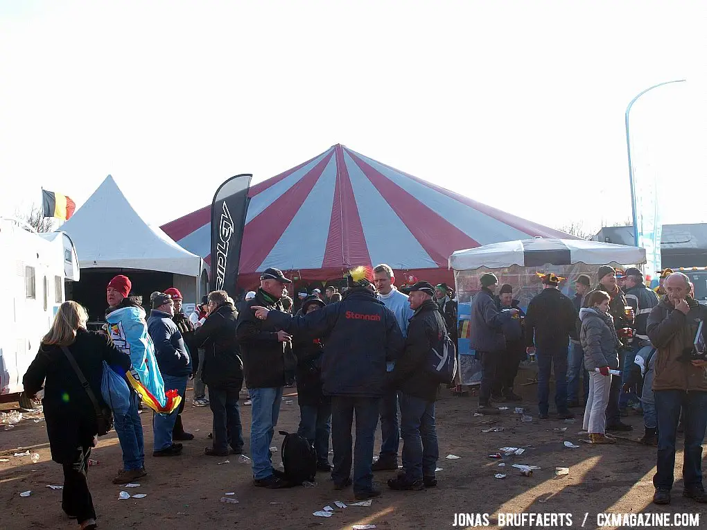Fans mingle outside the tent between racing and partying. 