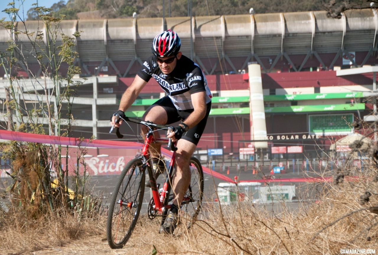 Racing in front of the famous NFL stadium at Candlestick Park. ©Cyclocross Magazine