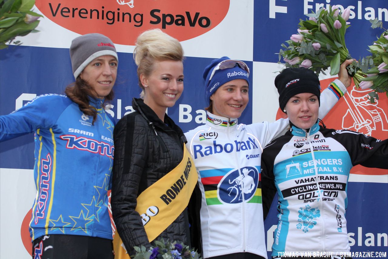 The podium with Marianne Vos (NL) 1th, Helen Wyman (UK) 2th, Anna van der Breggen (NL) 3th © Thomas van Bracht
