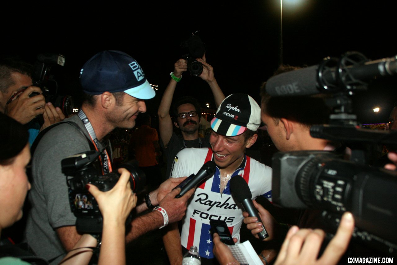 Jeremy Powers chats with Cyclocross Magazine\'s Neil Browne. CrossVegas 2012. ©Cyclocross Magazine