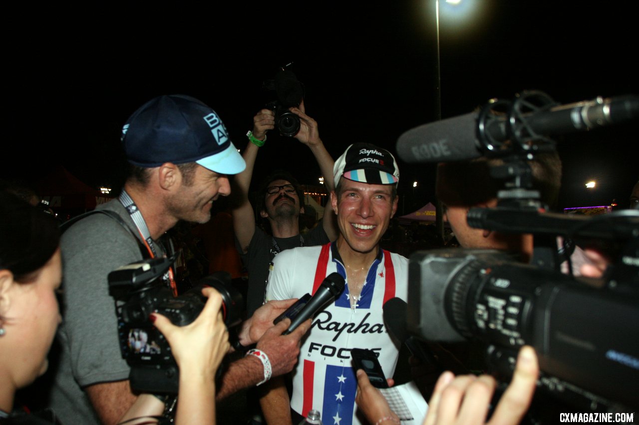 Jeremy Powers chats with Cyclocross Magazine\'s Neil Browne. CrossVegas 2012. ©Cyclocross Magazine