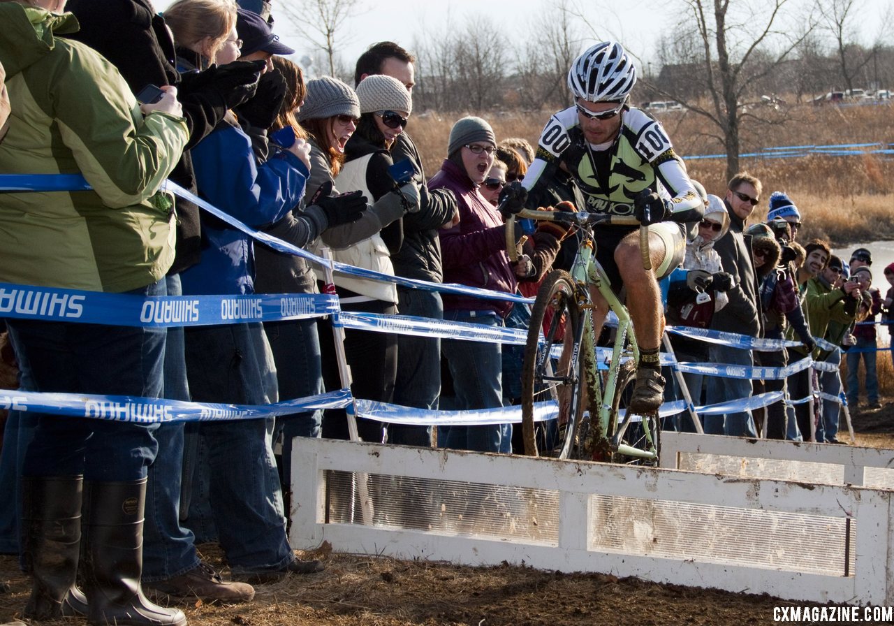 Aaron Bradford hopped the barriers to the crowd\'s delight. ©Cyclocross Magazine