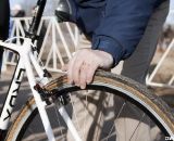 The UCI officials measured every single tire, both front and back, before the start line. © Cyclocross Magazine