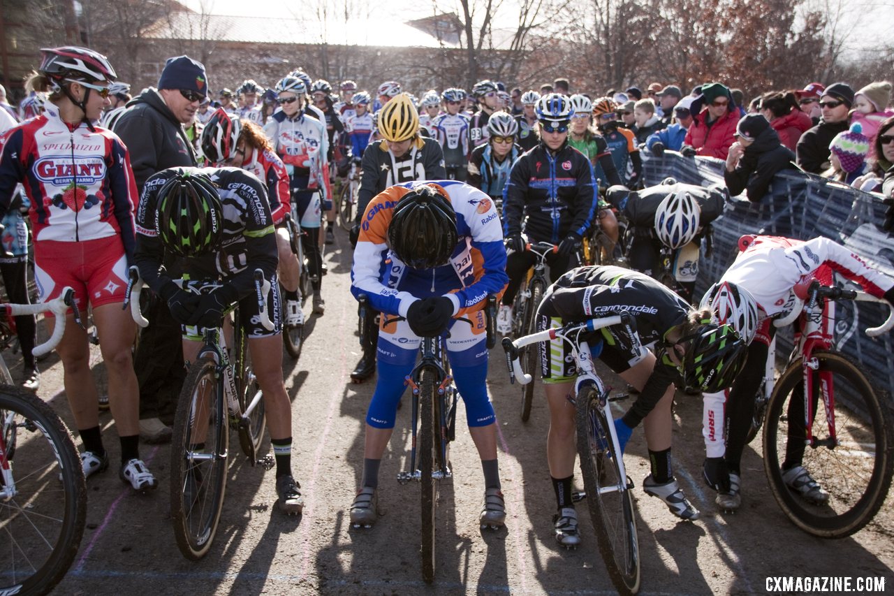 A moment of concentration for Duke and Compton, while Antonneau and Butler make final adjustments.  2012 Cyclocross National Championships, Elite Women. © Cyclocross Magazine