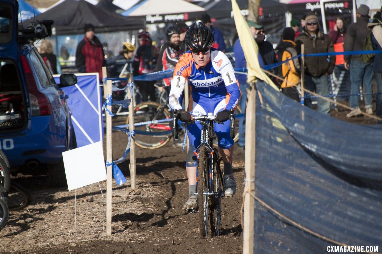 Compton took to the pits after a lap and wanted lower pressure in her tires. 2012 Cyclocross National Championships, Elite Women. © Cyclocross Magazine