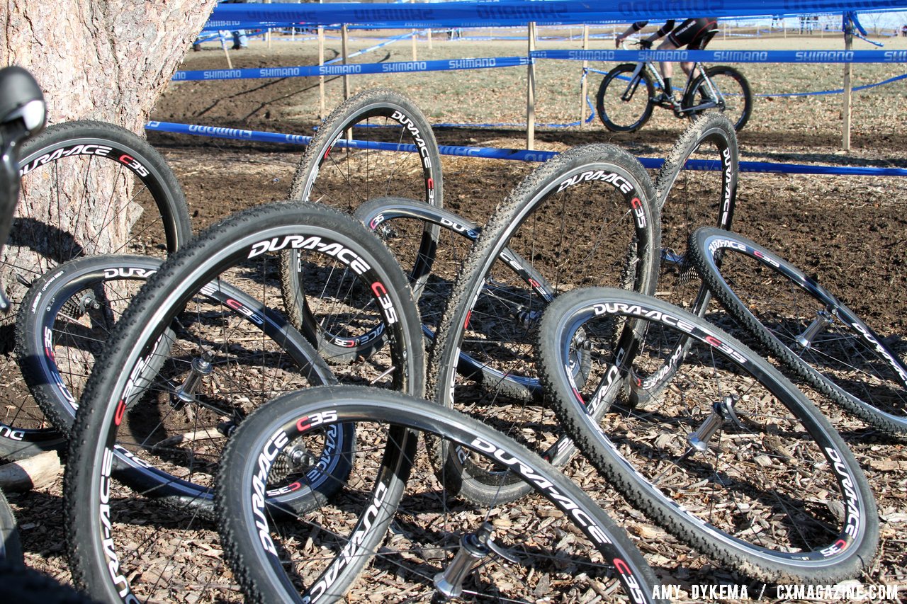 Shimano supplied spare wheels. Junior Men 17-18, 2012 Cyclocross National Championships. © Amy Dykema