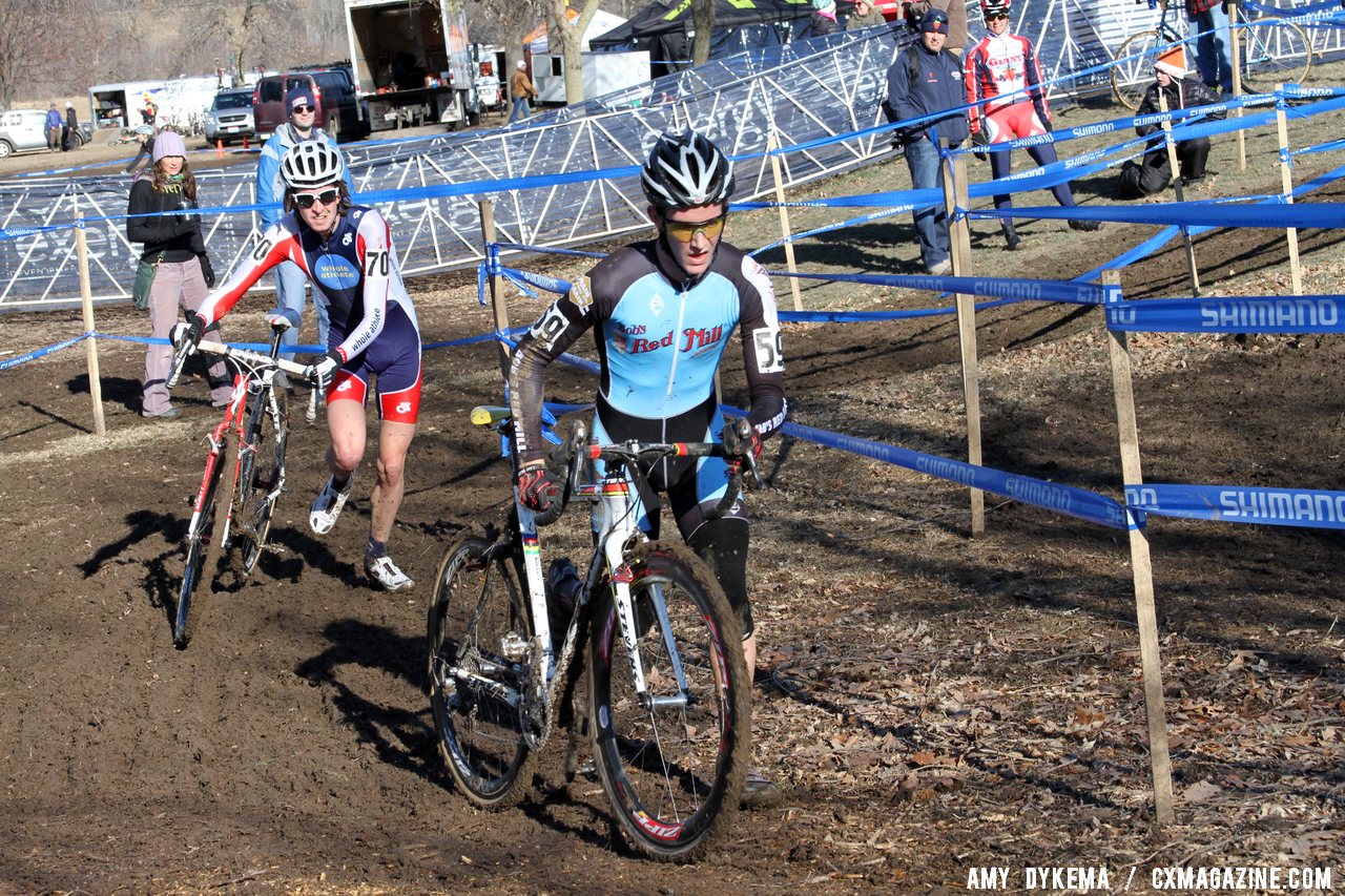 Drew Dillman leads Cypress Gorry in the chase of Logan Owen - Junior Men 17-18, 2012 Cyclocross National Championships. © Amy Dykema