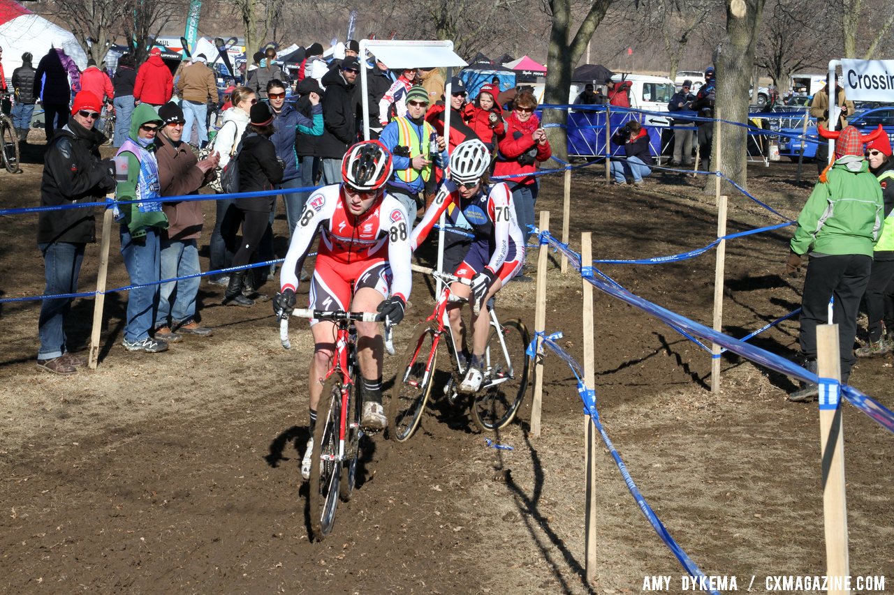 Tobin Ortenblad leads Cypress Gorry in the battle for second. Junior Men 17-18, 2012 Cyclocross National Championships. © Amy Dykema