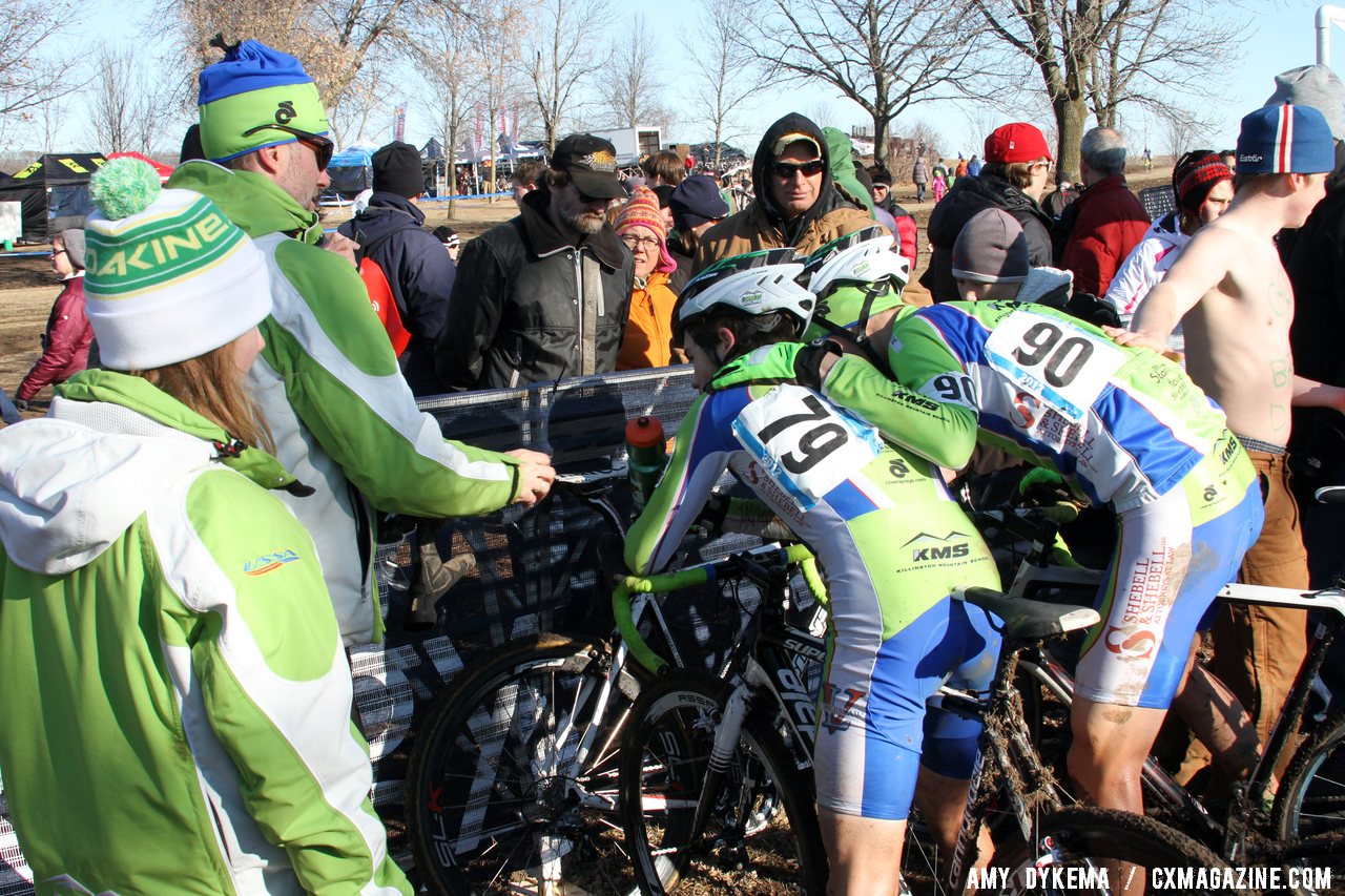 Ansel Dickey and Brendan Rhim from Woodstock Bicycle Club bond over the effort.  © Amy Dykema