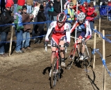 Tobin Ortenblad leads Cypress Gorry in the battle for second. Junior Men 17-18, 2012 Cyclocross National Championships. © Amy Dykema