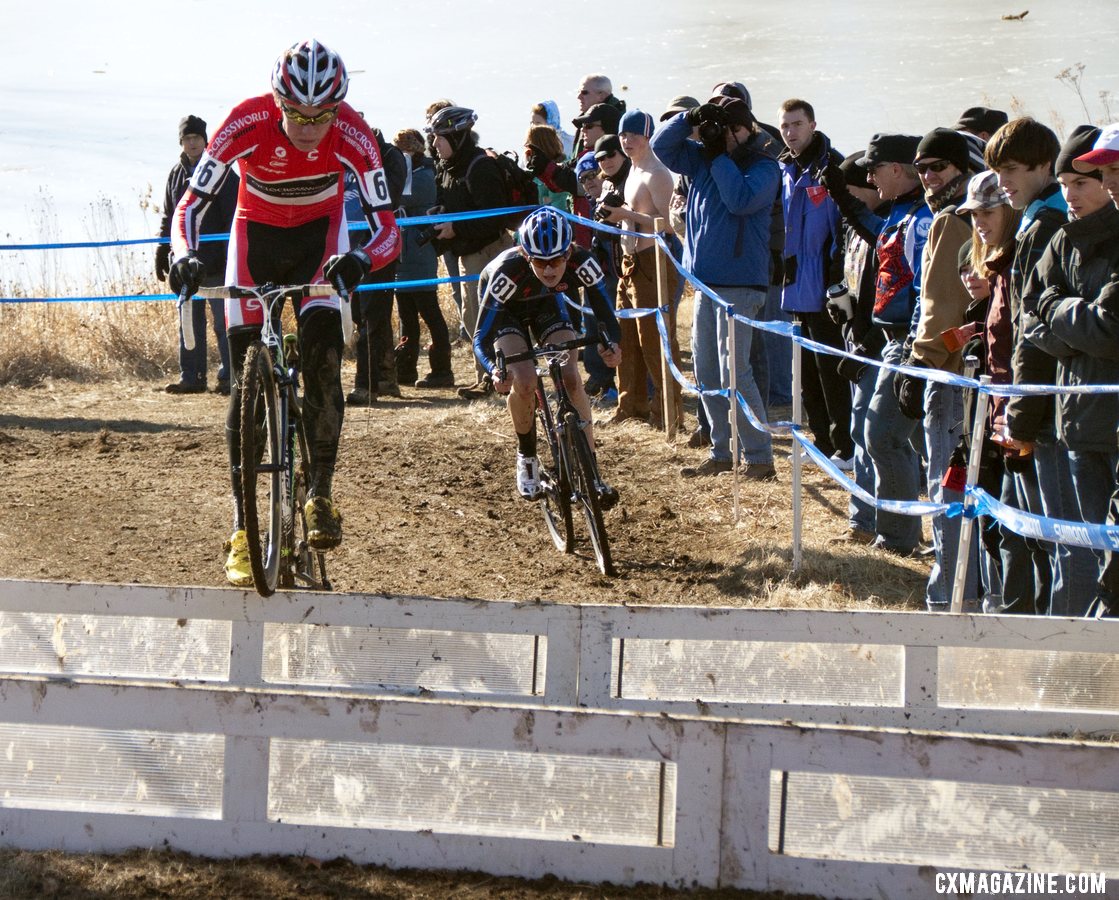 Nathaniel Morse was just one of several juniors to hop the barriers. Junior men\'s 17-18 race, 2012 Cyclocross National Championships. ©Cyclocross Magazine