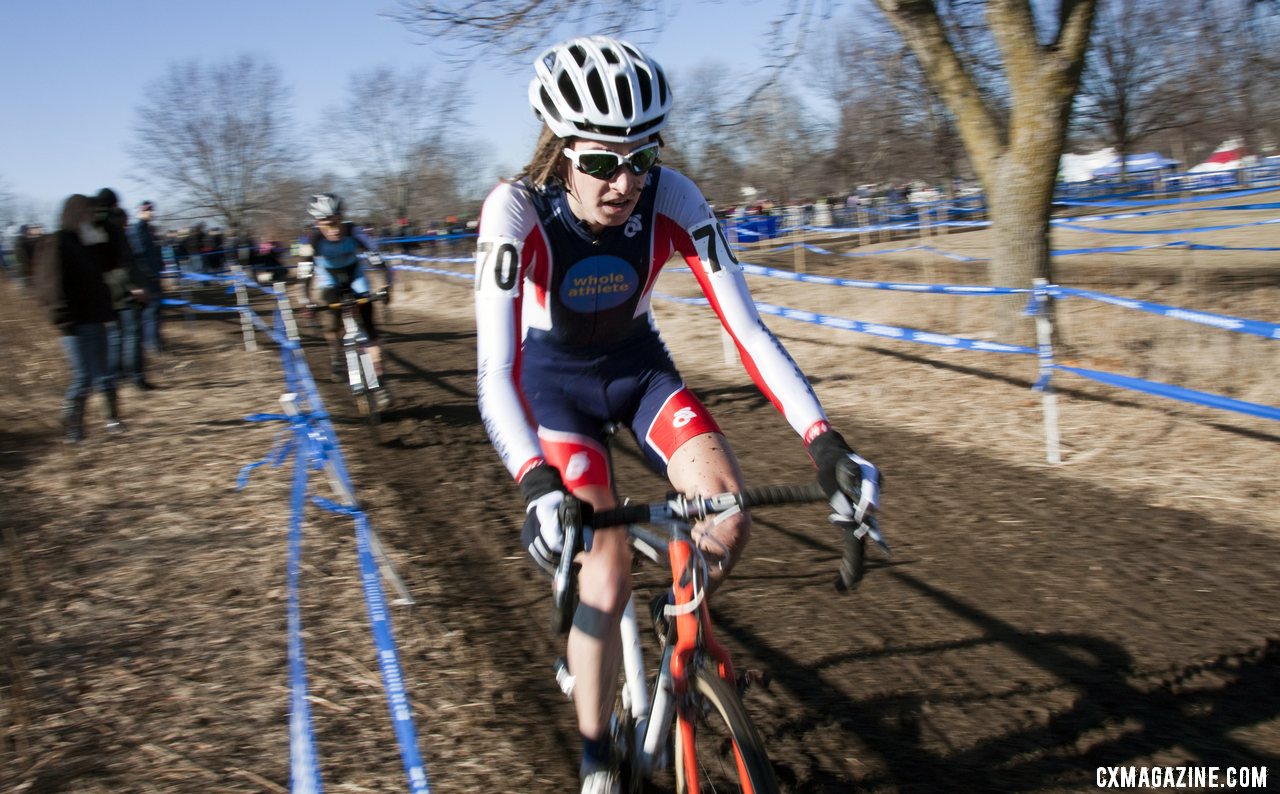 Cypress Gorry in third leading Andrew Dillman. Junior men\'s 17-18 race, 2012 Cyclocross National Championships. ©Cyclocross Magazine
