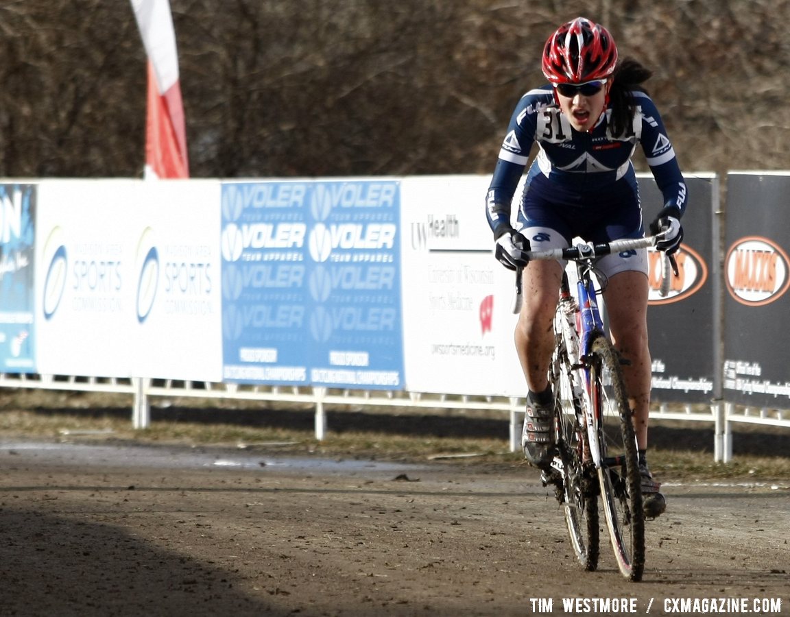 Mina Anderberg stands on the pedals en route to winning the 13-14 junior women\'s race. © Tim Westmore