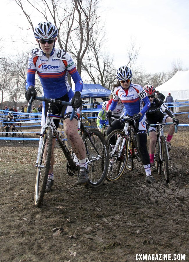 Corrie Osborne dabs a foot in a slick section of the course. © Cyclocross Magazine