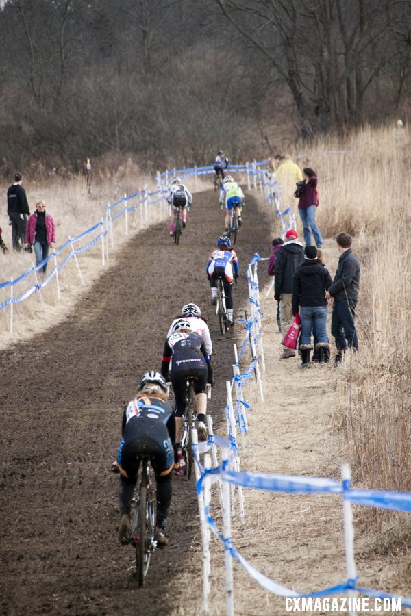 Riders hug the tape looking for a clean line. © Cyclocross Magazine