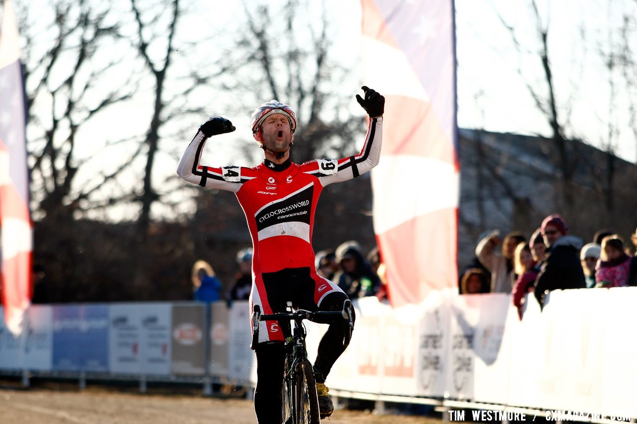 A jubilent Brian Wilichoski (Cyclocrossworld) becomes the 2012 National Cyclocross Champion for Master Men 35-39. ©Tim Westmore