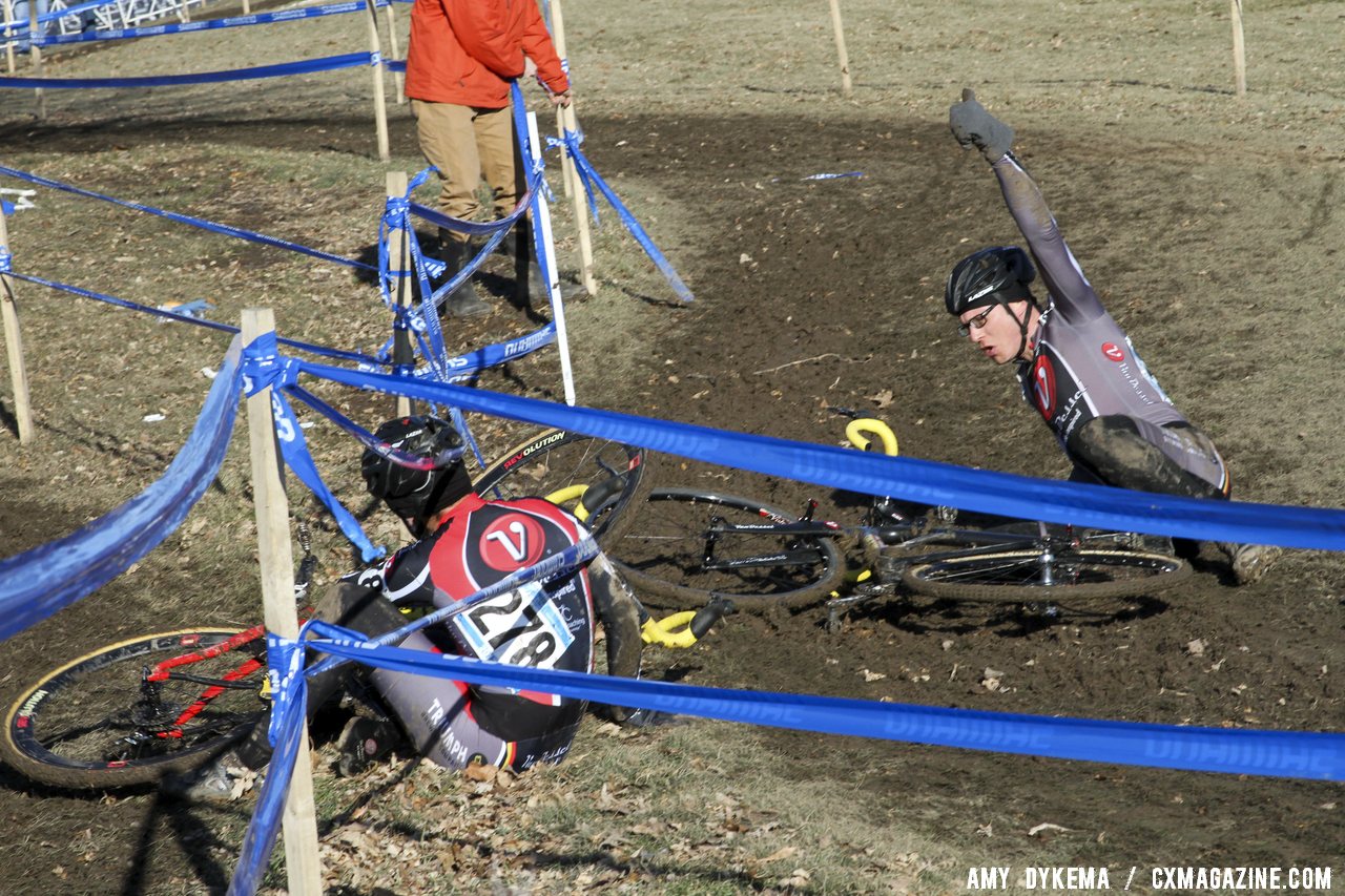 The course had a few areas where oncoming traffic could collide, as these Van Dessel teammates found out in the slippery conditions.  ©Amy Dykema