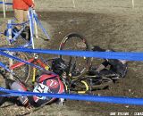 The course had a few areas where oncoming traffic could collide, as these Van Dessel teammates found out in the slippery conditions.  ©Amy Dykema