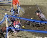 The course had a few areas where oncoming traffic could collide, as these Van Dessel teammates found out in the slippery conditions.  ©Amy Dykema