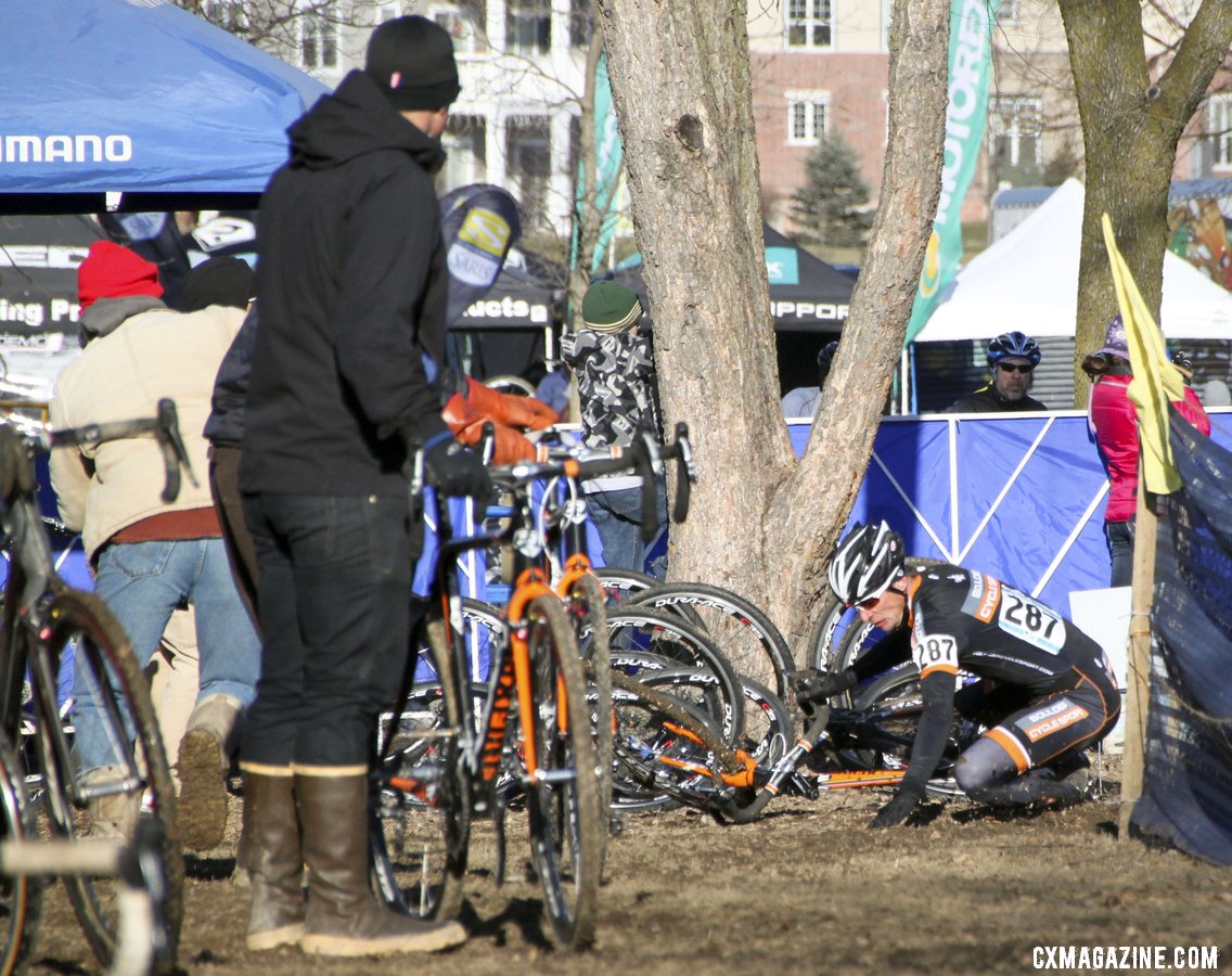 Webber took a tumble heading into the pits but stayed ahead of Myerson. 2012 Cyclocross National Championships, Masters Men 40-44. © Cyclocross Magazine