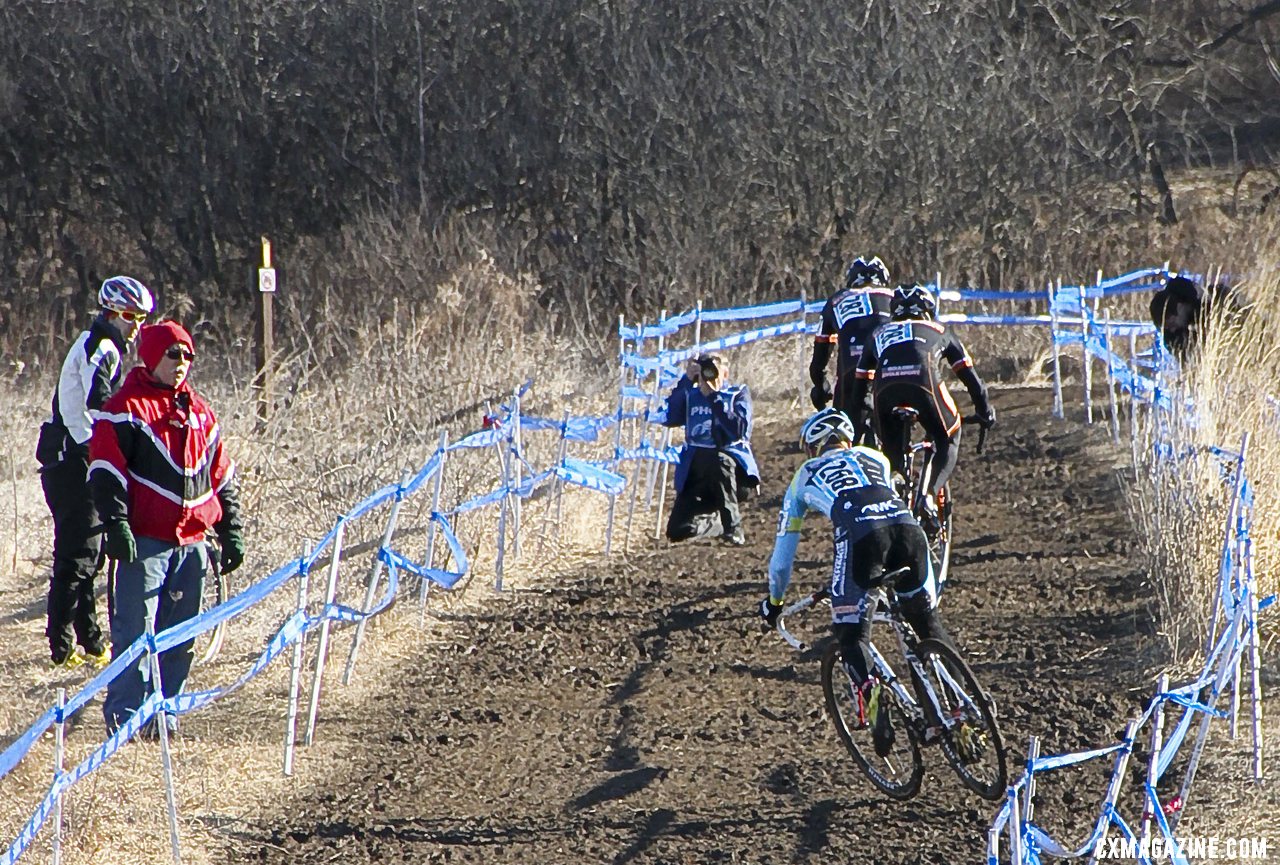 Myerson gets some air in his chase of Webber and Dwight up the hill. 2012 Cyclocross National Championships, Masters Men 40-44. © Cyclocross Magazine