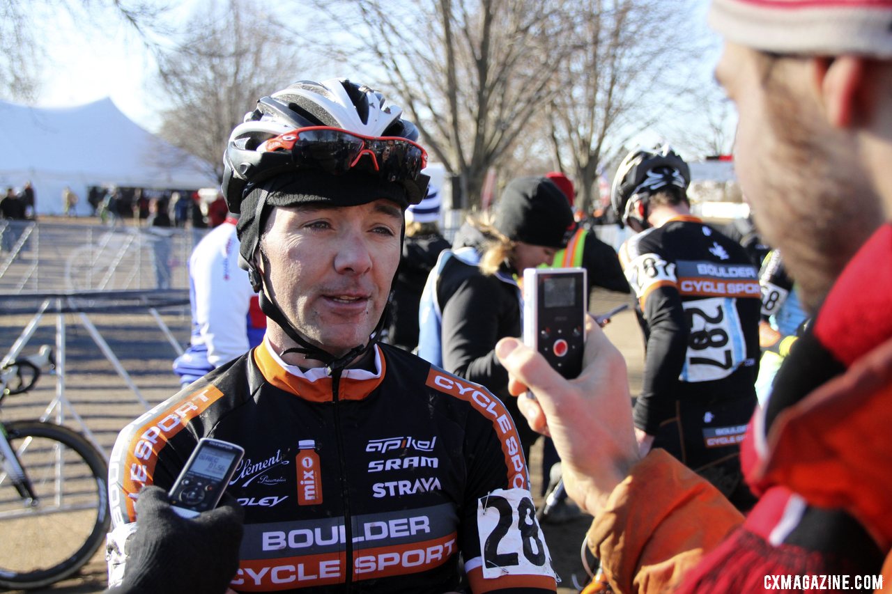 Dwight being interviewed by Cyclocross Magazine\'s Chriss Bagg. 2012 Cyclocross National Championships, Masters Men 40-44. © Cyclocross Magazine