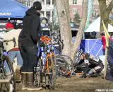 Webber took a tumble heading into the pits but stayed ahead of Myerson. 2012 Cyclocross National Championships, Masters Men 40-44. © Cyclocross Magazine