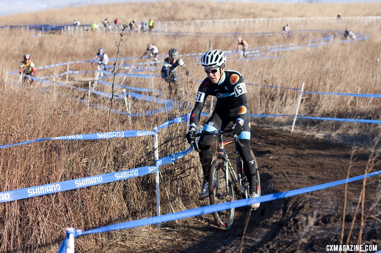 David Weber (Rocky Mounts) leads a long string of Masters Men from the 45-49 race at the 2012 Nationals. © Cyclocross Magazine