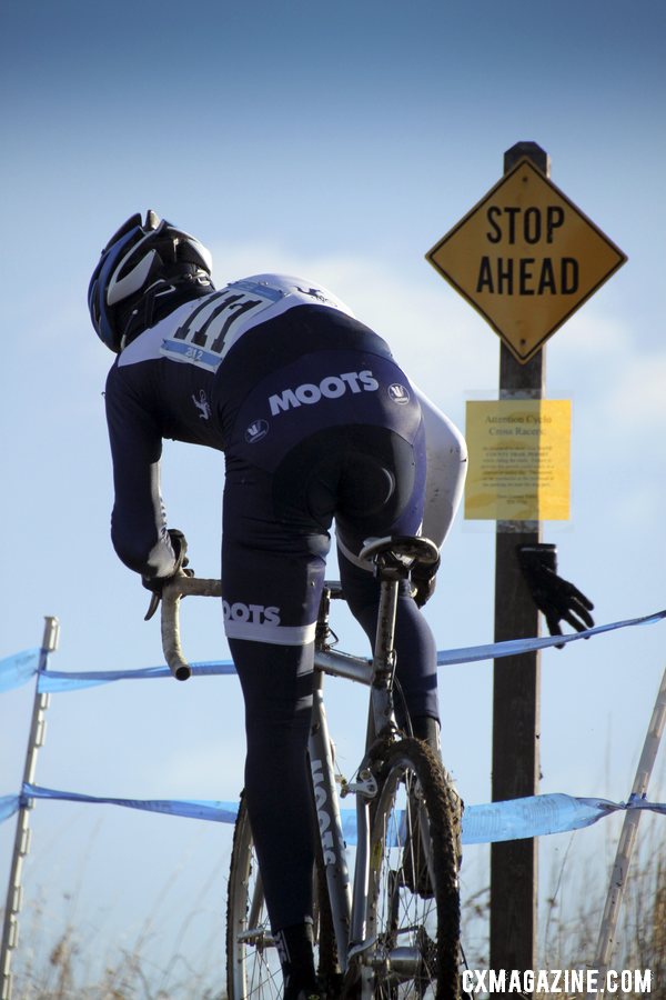 Jon Cariveau would have liked to obey this sign, but a title chase was underway. Masters Men 45-49, 2012 Nationals. © Cyclocross Magazine