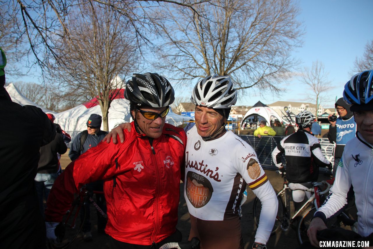 Don Myrah was congratulated by many at the finish. Masters Men 45-49, 2012 Nationals. © Cyclocross Magazine