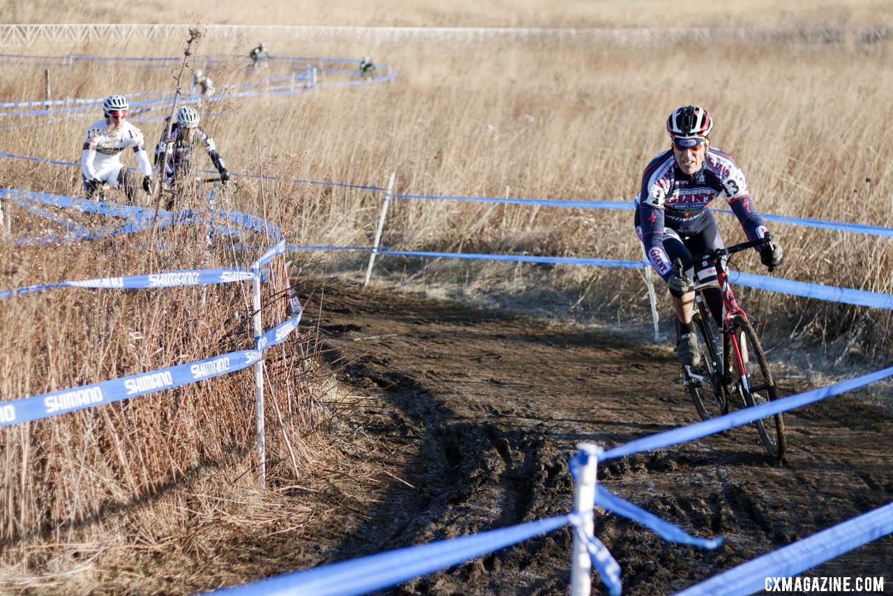 Jon Mondelius (Cal Giant) leads teammate James Coats and Tim Butler (River City Bicycles) in the chase for third place on the first lap. ©Cyclocross Magazine